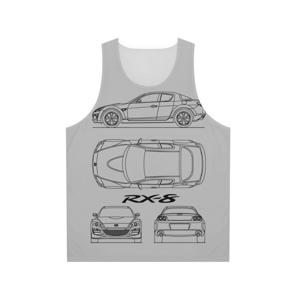 Unisex tank top featuring a vintage blueprint design of a Mazda RX-8 sports car
