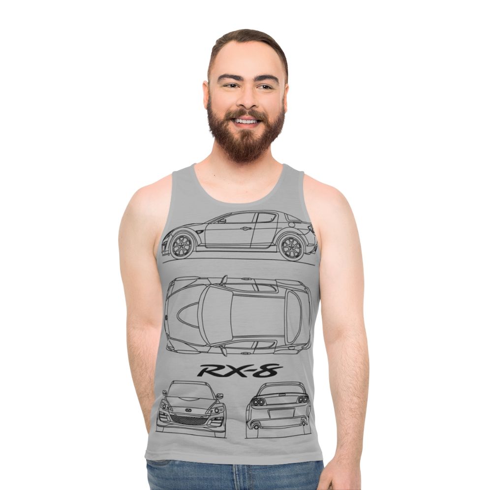 Unisex tank top featuring a vintage blueprint design of a Mazda RX-8 sports car