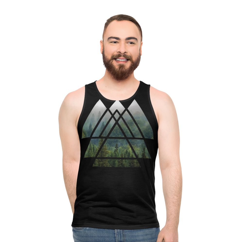Sacred geometry triangles misty forest unisex tank top