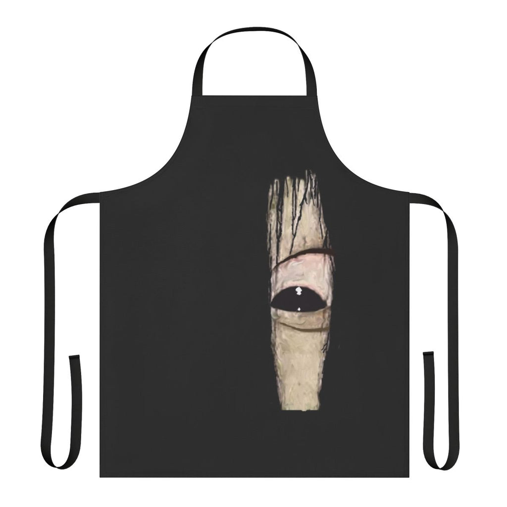 A black apron featuring an eerie close-up image of Sadako's eye, a classic horror movie icon.