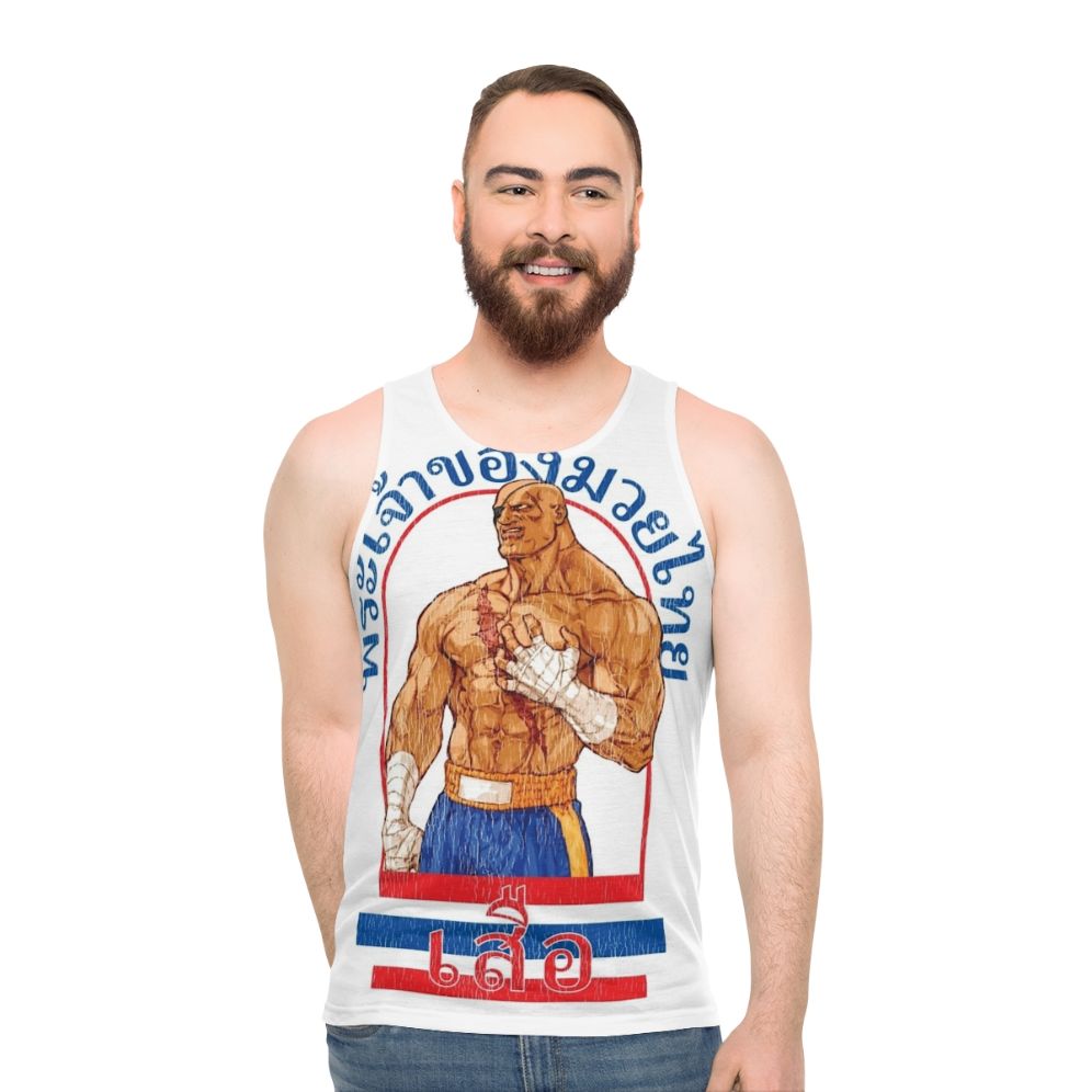 Sagat, the Muay Thai warrior from Street Fighter, on a unisex tank top