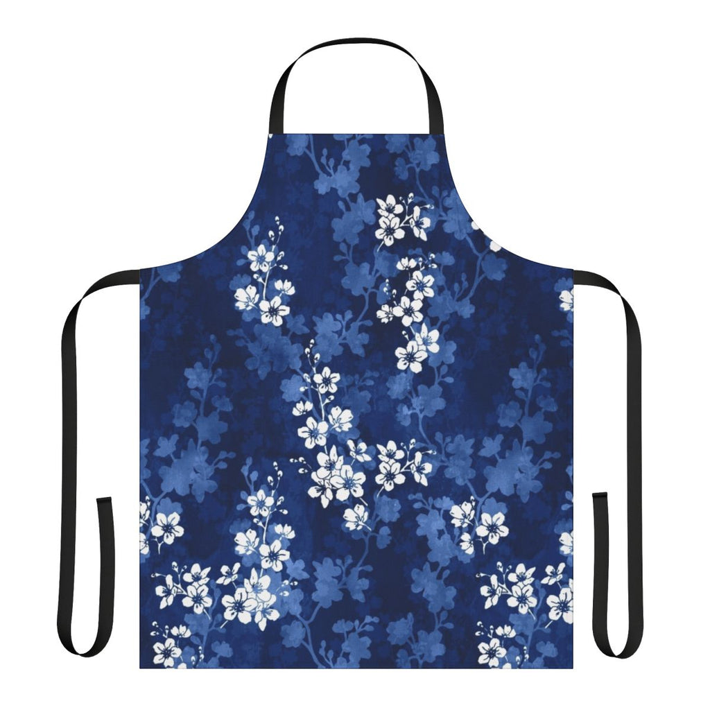 An apron featuring a watercolor pattern of sakura blossoms and swallowtail butterflies in shades of blue.