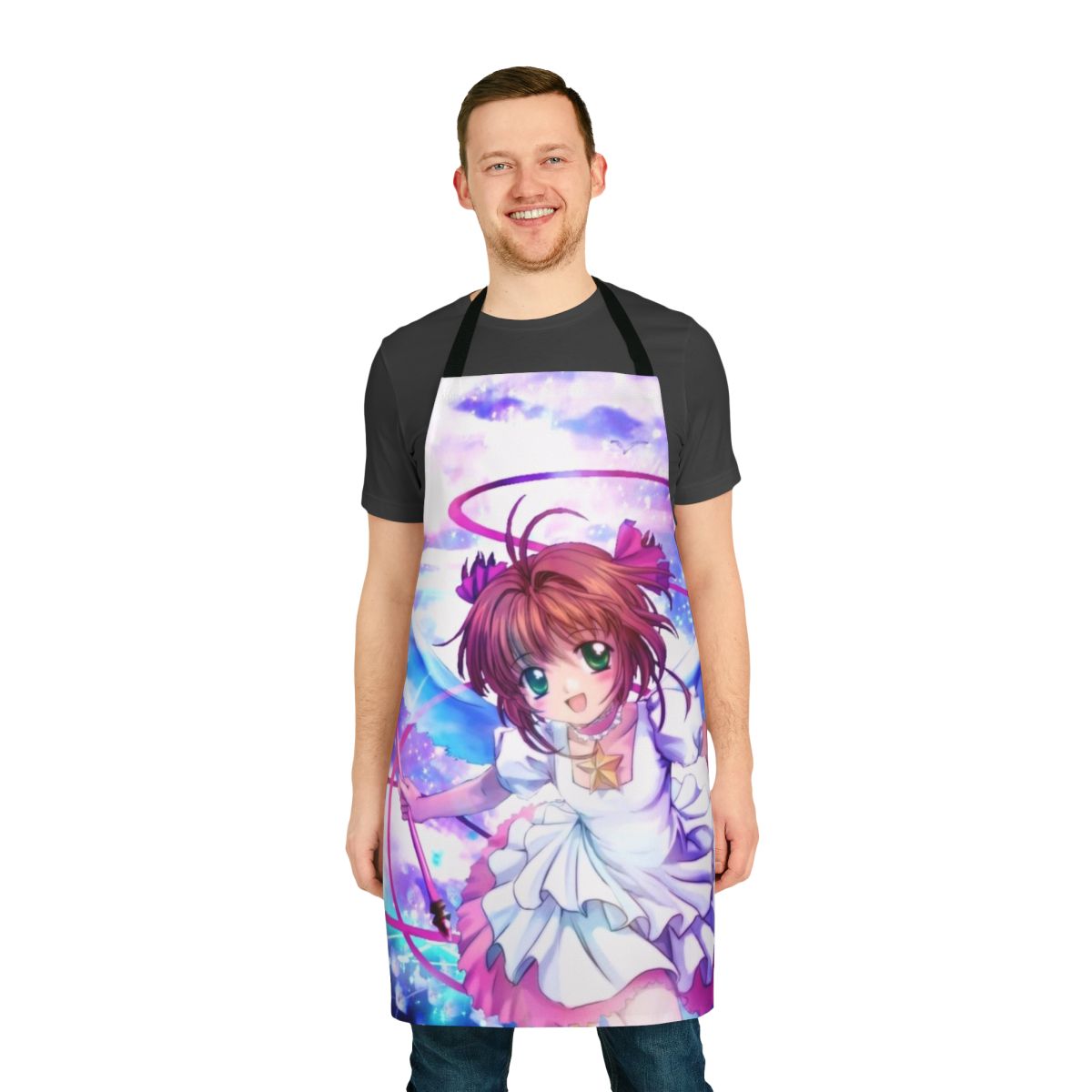 Vibrant sakura-inspired apron featuring iconic anime and manga characters