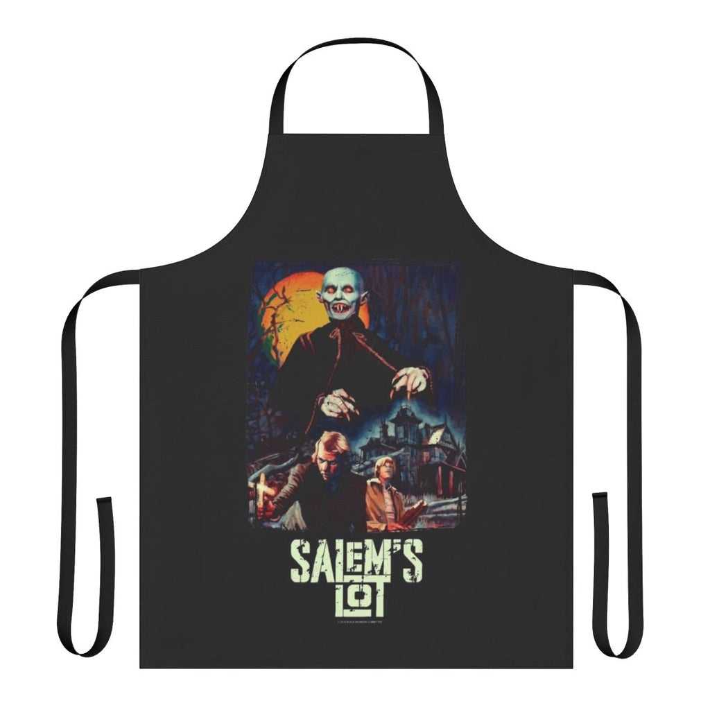 A black apron with a "Salem's Lot" inspired horror design, featuring vampires and other spooky elements.