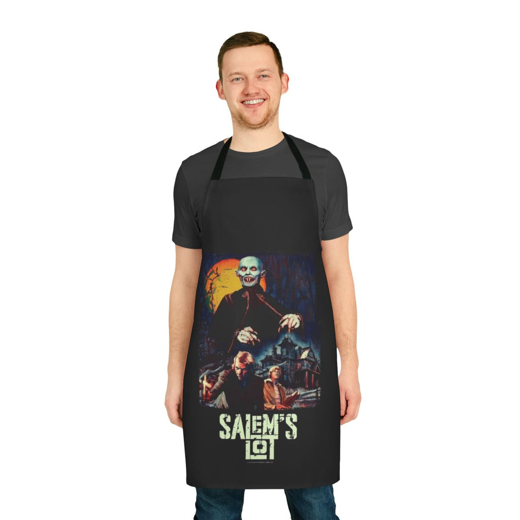 A black apron with a "Salem's Lot" inspired horror design, featuring vampires and other spooky elements.