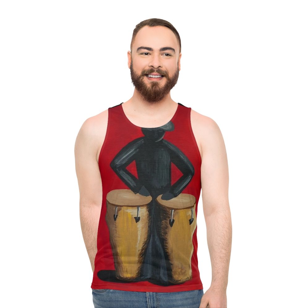 Unisex tank top featuring salsa music art and a conga player