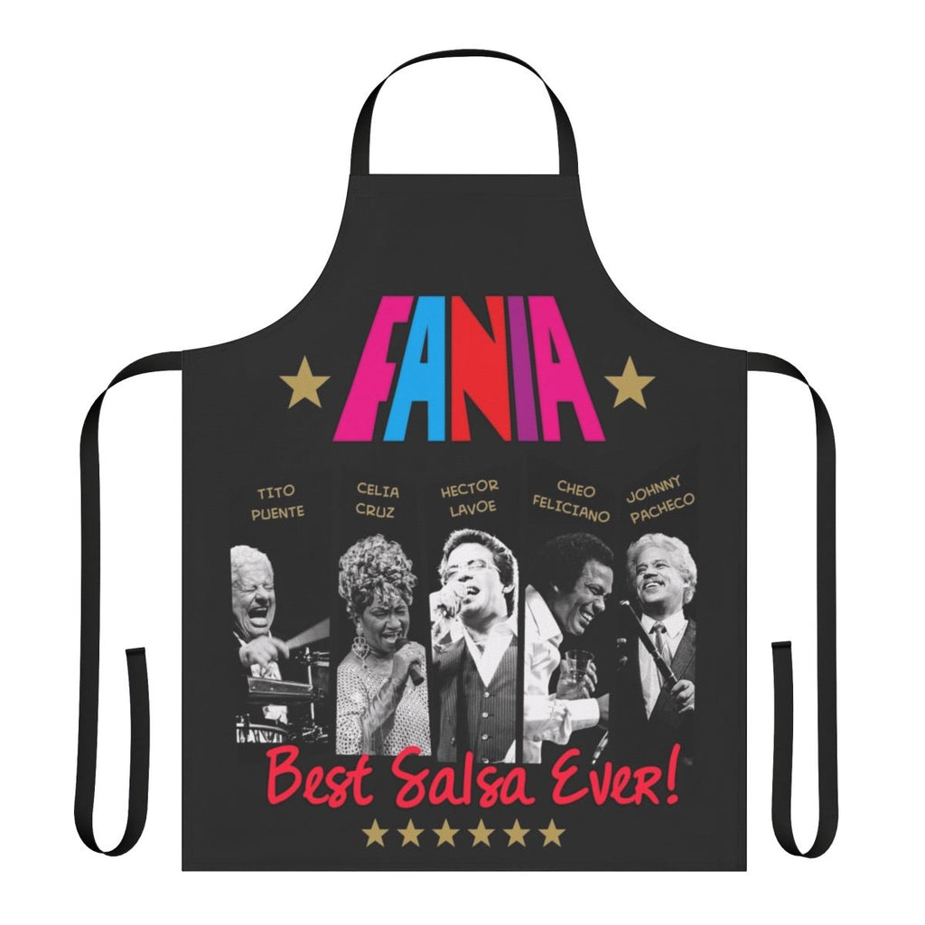 Vibrant salsa music-themed apron featuring iconic Latin artists
