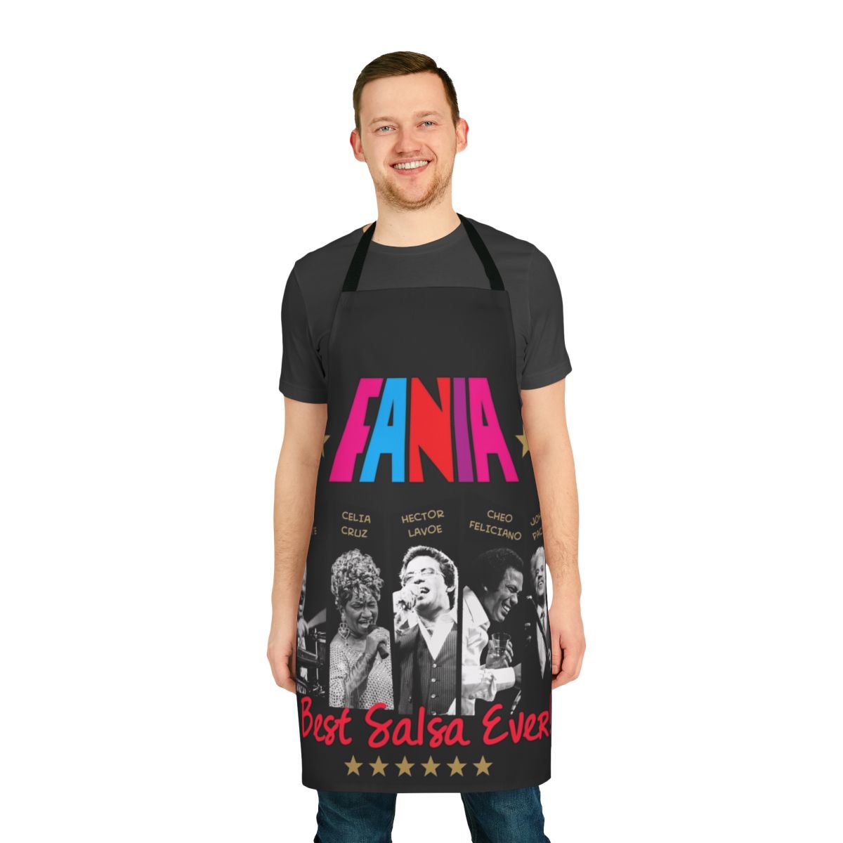 Vibrant salsa music-themed apron featuring iconic Latin artists