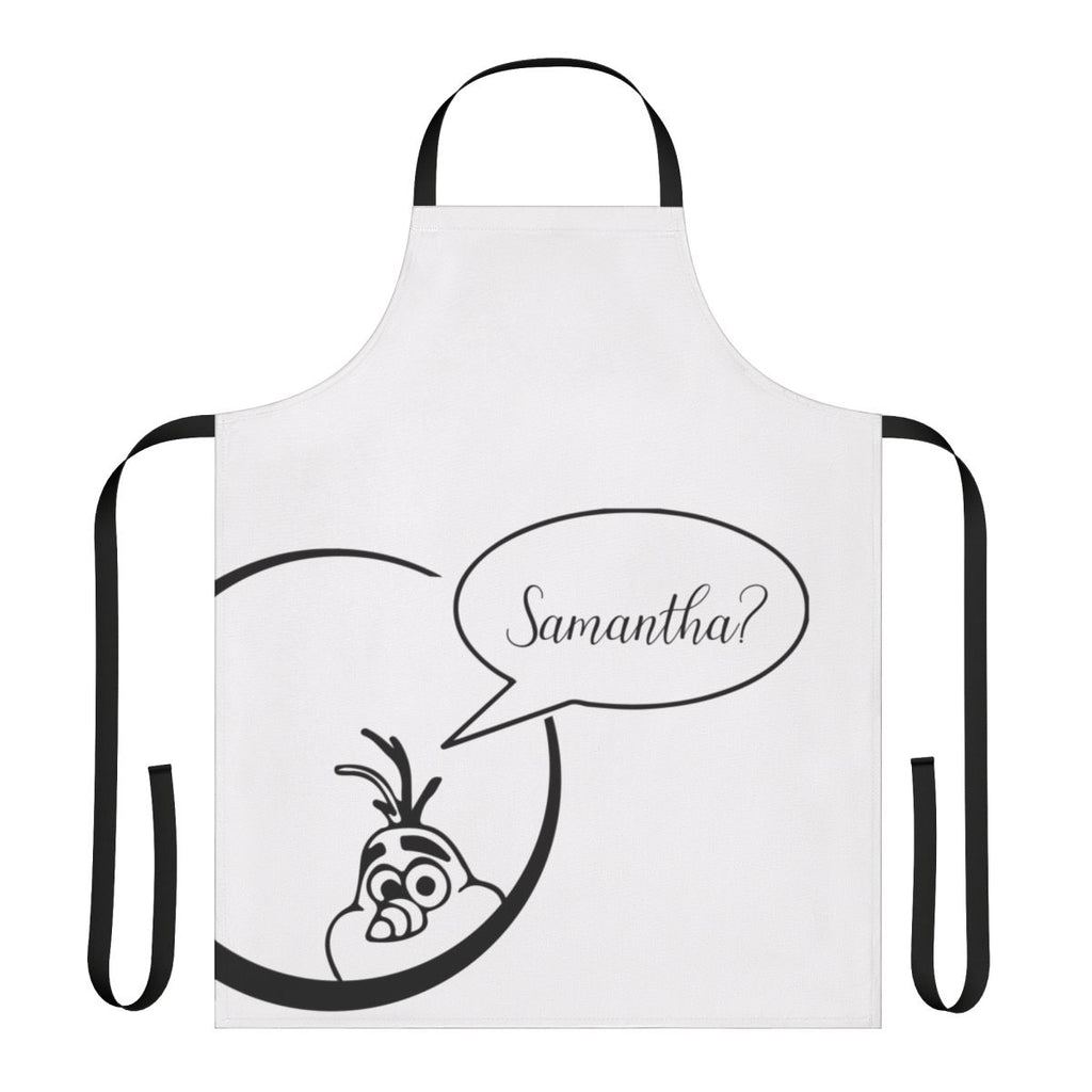 A high-quality apron featuring a Samantha-inspired Frozen design with Elsa, Anna, Olaf, and snowflakes.