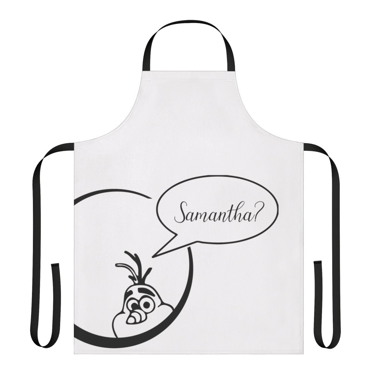 A high-quality apron featuring a Samantha-inspired Frozen design with Elsa, Anna, Olaf, and snowflakes.