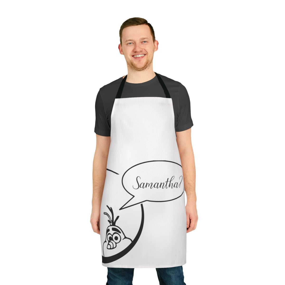 A high-quality apron featuring a Samantha-inspired Frozen design with Elsa, Anna, Olaf, and snowflakes.