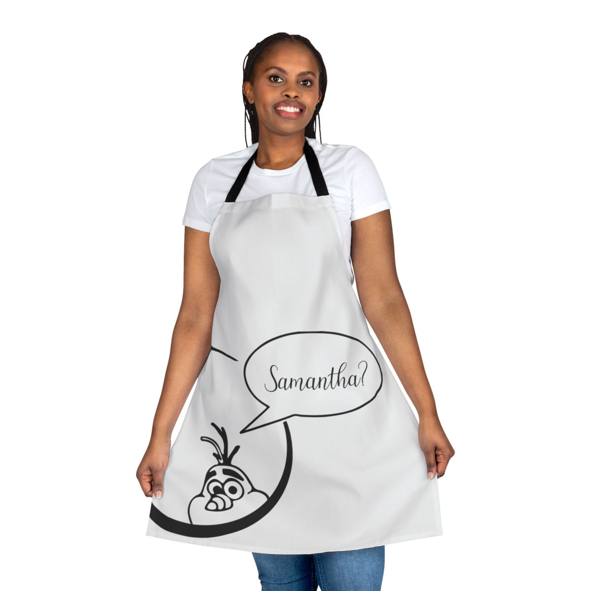 A high-quality apron featuring a Samantha-inspired Frozen design with Elsa, Anna, Olaf, and snowflakes.