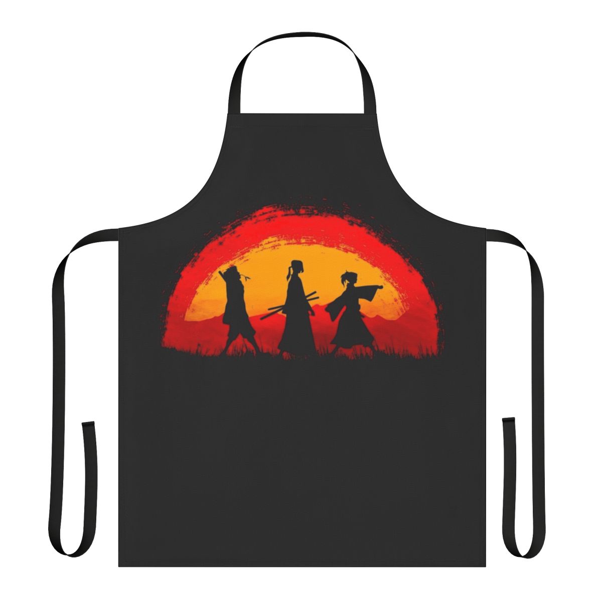 Samurai Champloo inspired apron featuring characters walking on a sunset landscape