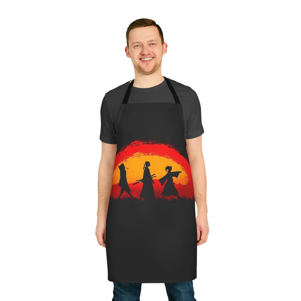 Samurai Champloo inspired apron featuring characters walking on a sunset landscape