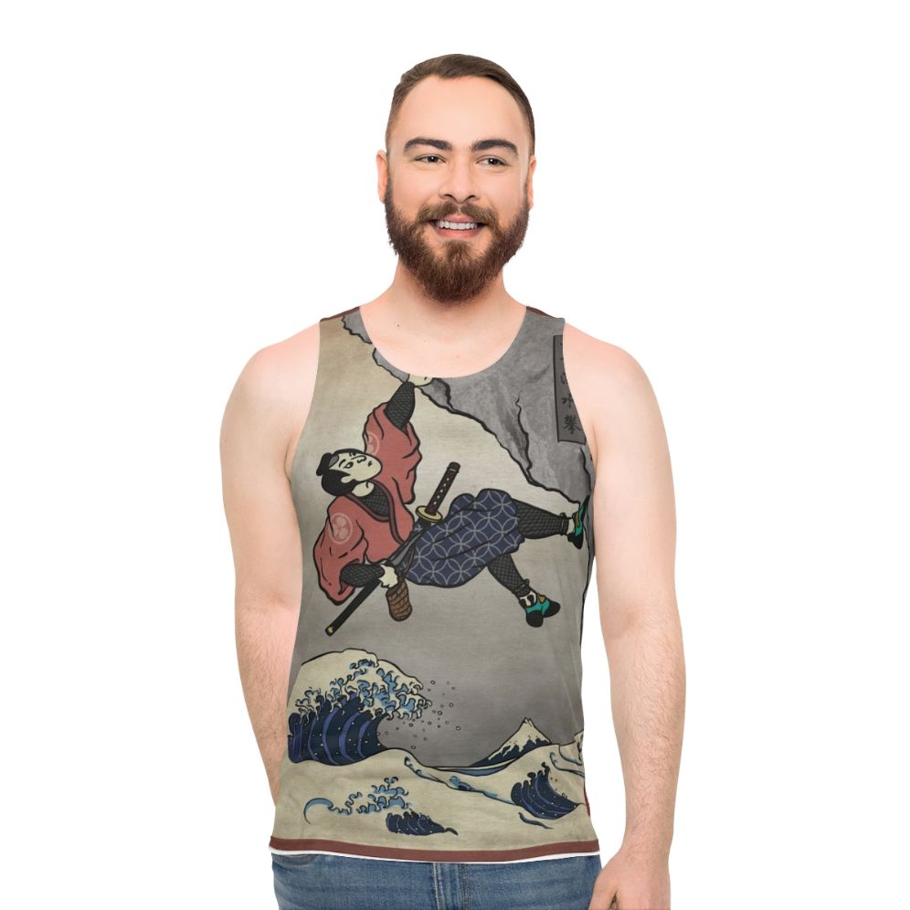 Samurai-inspired climbing tank top for deep water soloing