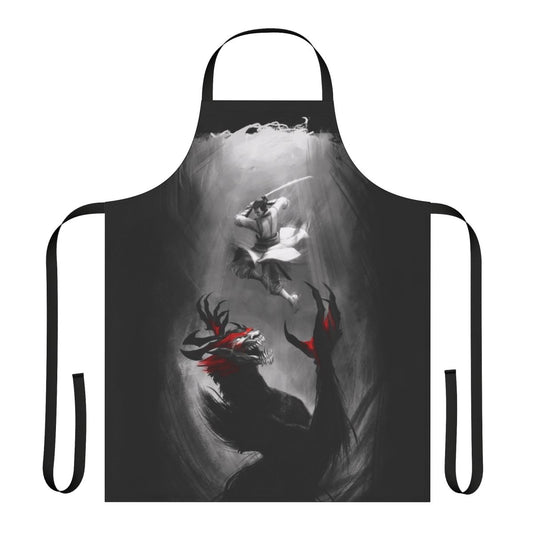 Samurai-inspired apron featuring a dramatic battle scene