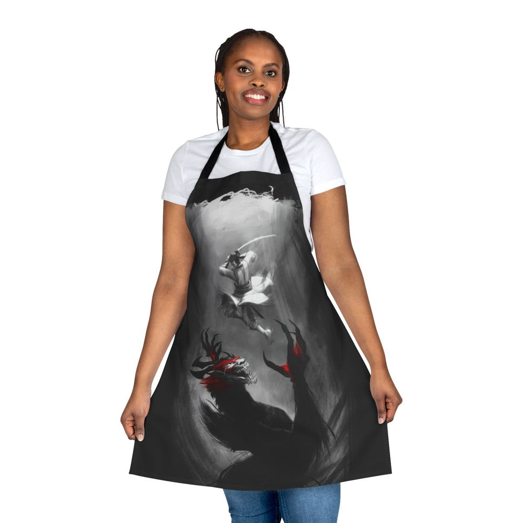 Samurai-inspired apron featuring a dramatic battle scene