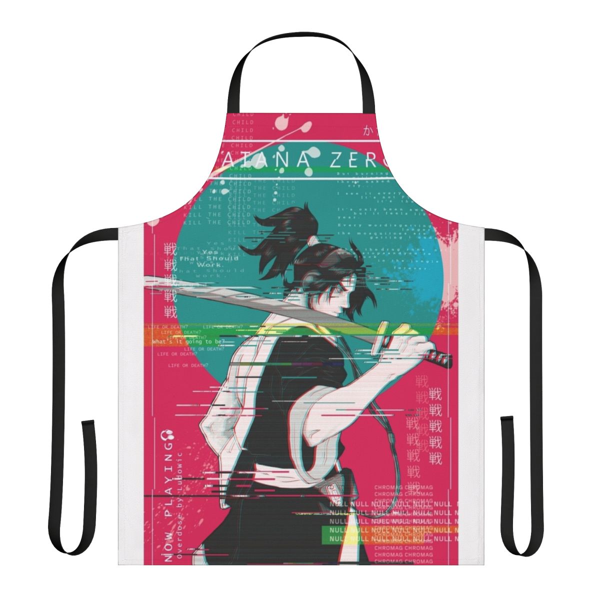 Samurai-inspired cyberpunk-style apron with glitchy design, referencing the game Katana Zero