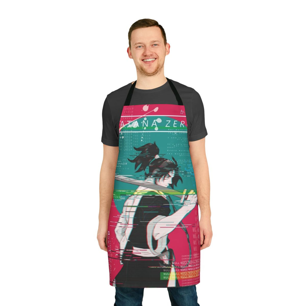 Samurai-inspired cyberpunk-style apron with glitchy design, referencing the game Katana Zero