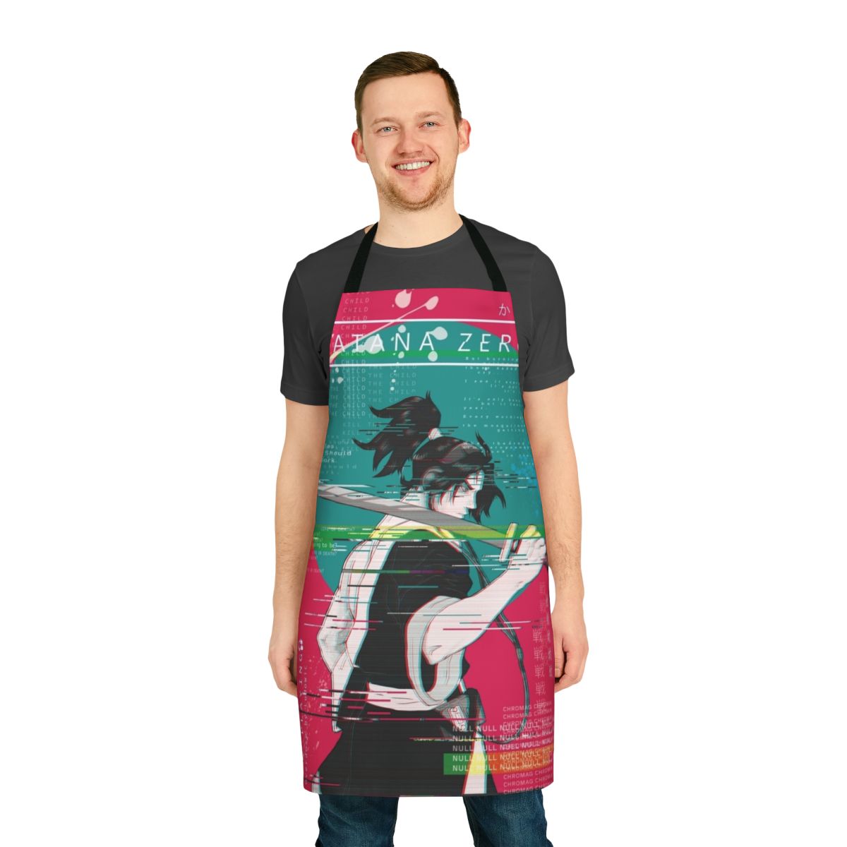 Samurai-inspired cyberpunk-style apron with glitchy design, referencing the game Katana Zero