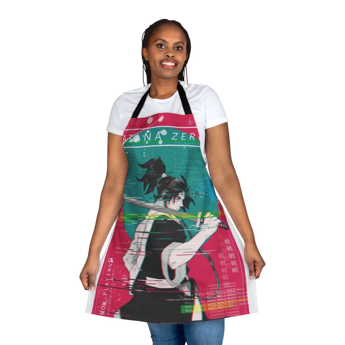 Samurai-inspired cyberpunk-style apron with glitchy design, referencing the game Katana Zero