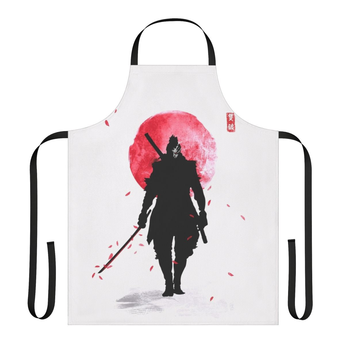 A vibrant, digital art-style apron featuring a one-armed wolf design, inspired by the Sekiro: Shadows Die Twice video game.
