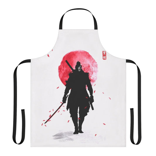 A vibrant, digital art-style apron featuring a one-armed wolf design, inspired by the Sekiro: Shadows Die Twice video game.