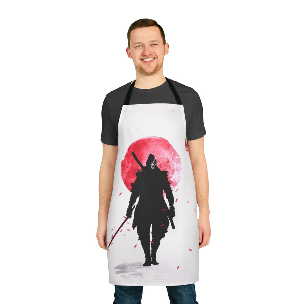 A vibrant, digital art-style apron featuring a one-armed wolf design, inspired by the Sekiro: Shadows Die Twice video game.