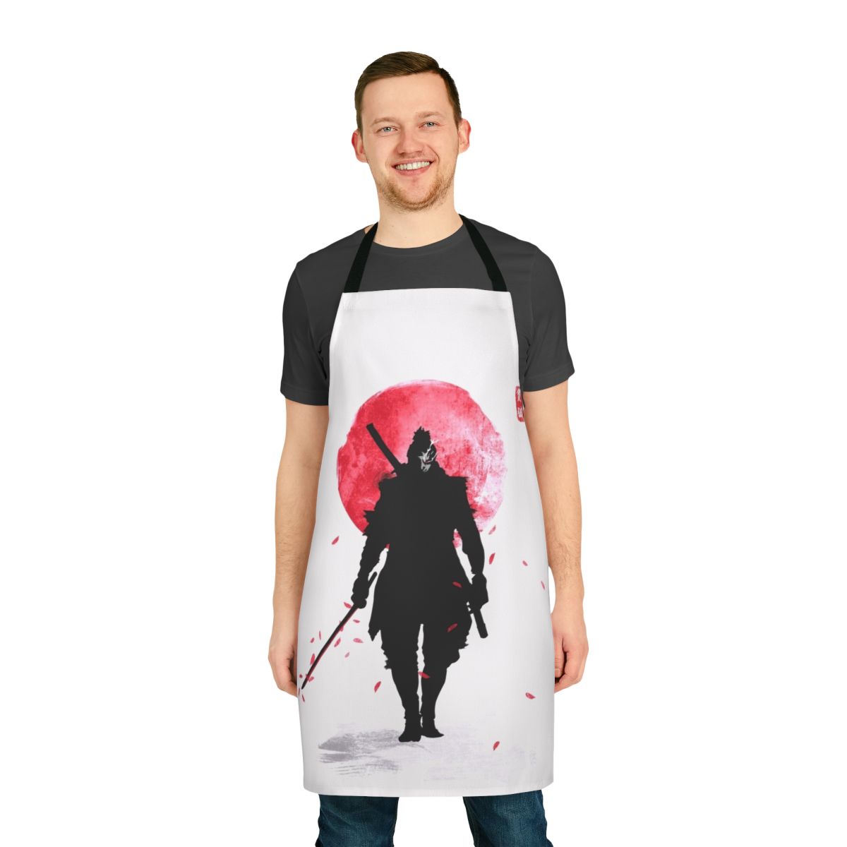 A vibrant, digital art-style apron featuring a one-armed wolf design, inspired by the Sekiro: Shadows Die Twice video game.