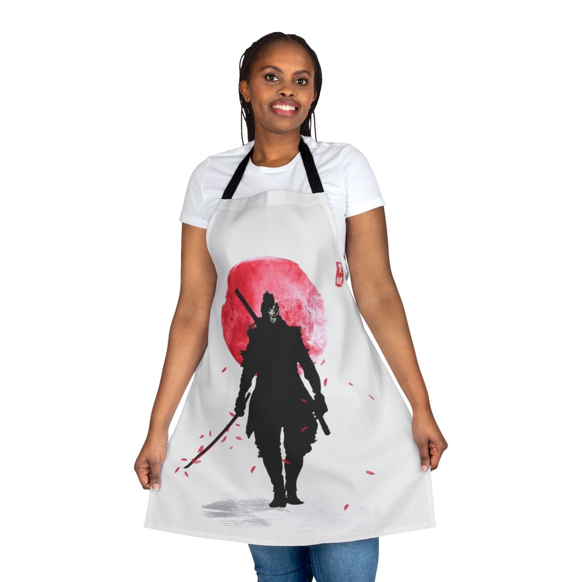 A vibrant, digital art-style apron featuring a one-armed wolf design, inspired by the Sekiro: Shadows Die Twice video game.