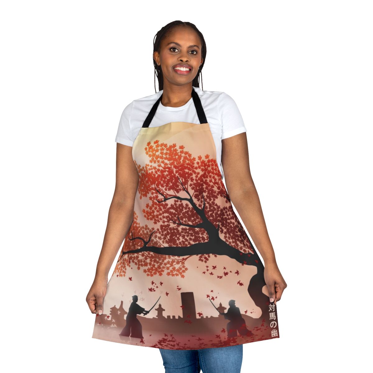 Samurai-inspired apron featuring the landscape of Tsushima Island and the protagonist Jin Sakai from the video game "Ghost of Tsushima"