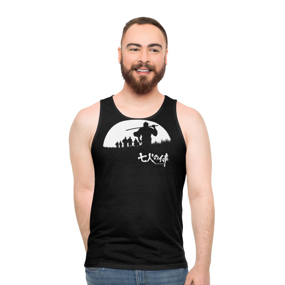 Samurai silhouette under the moonlight on a unisex tank top
