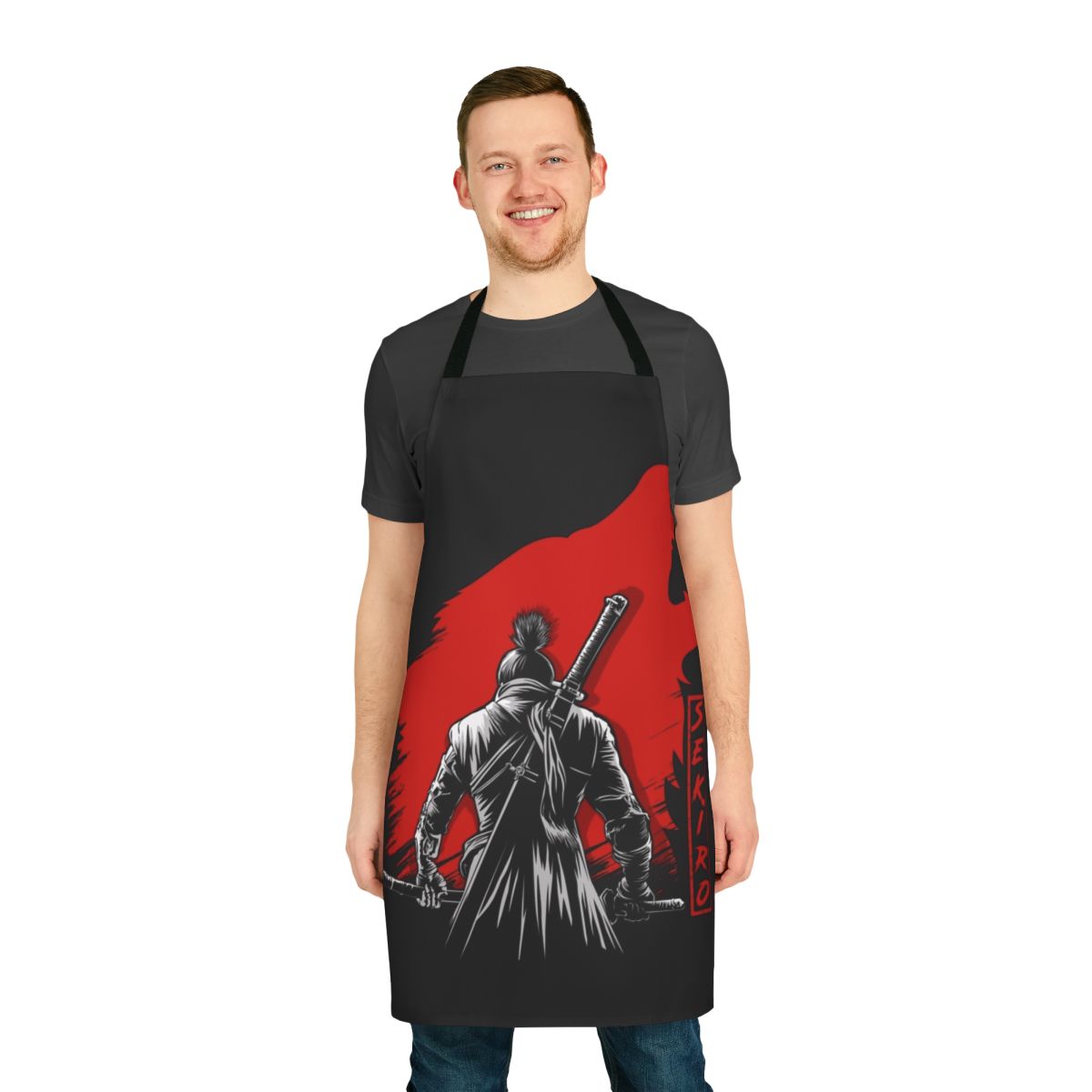 Samurai wolf themed one-armed apron for cooking and grilling