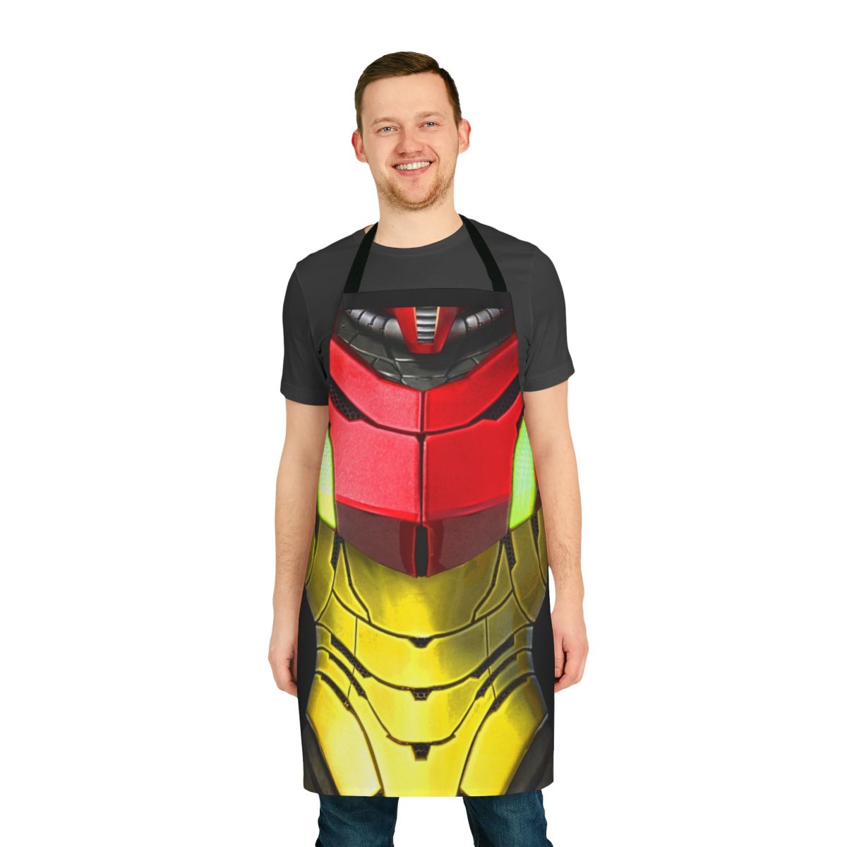 Samus Aran-inspired Varia Suit apron with gaming and sci-fi motifs
