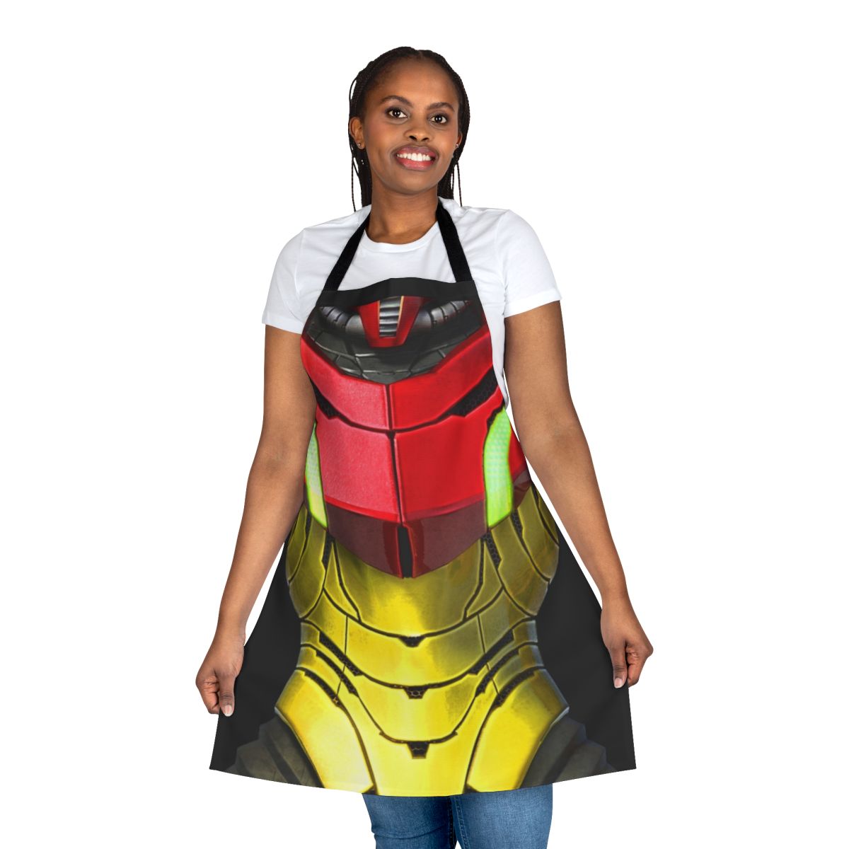 Samus Aran-inspired Varia Suit apron with gaming and sci-fi motifs