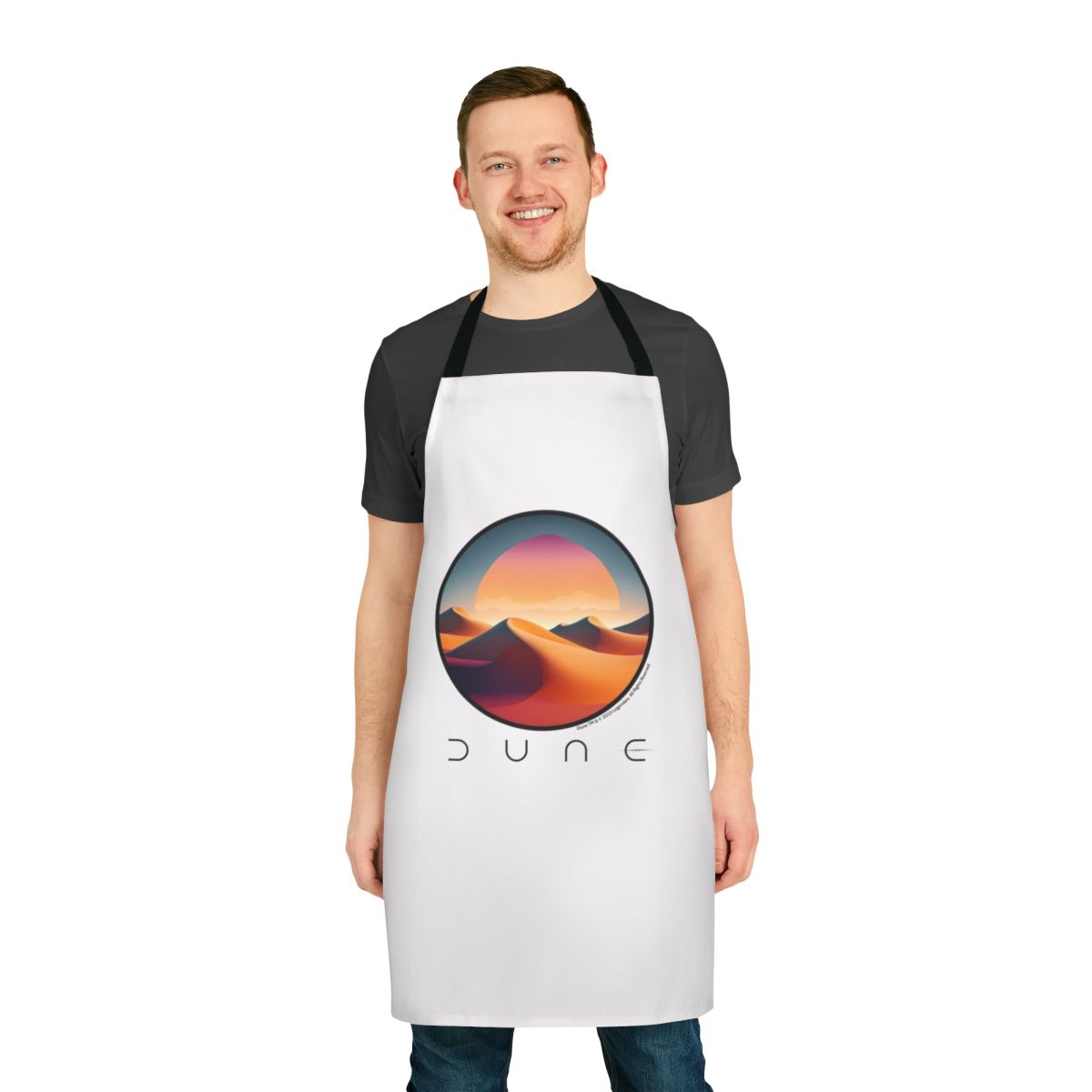 An apron featuring a graphic design inspired by the sandy desert landscapes of the Dune universe.
