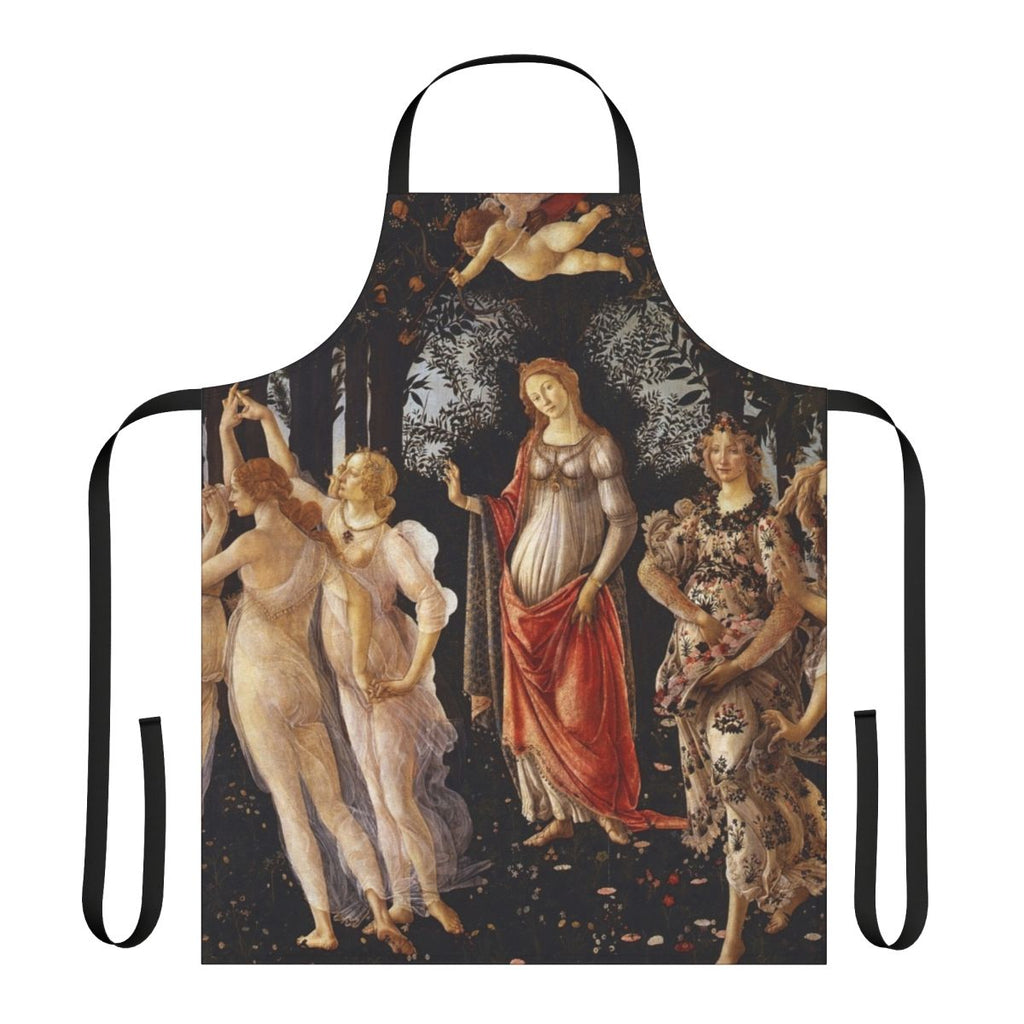 An apron featuring the iconic Primavera painting by the Renaissance artist Sandro Botticelli.