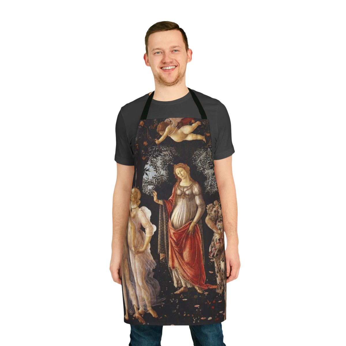 An apron featuring the iconic Primavera painting by the Renaissance artist Sandro Botticelli.