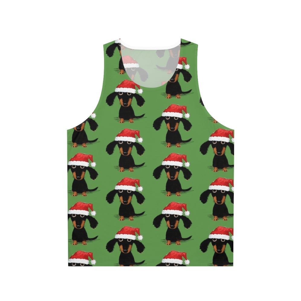 Santa Dachshund wearing a Christmas tank top