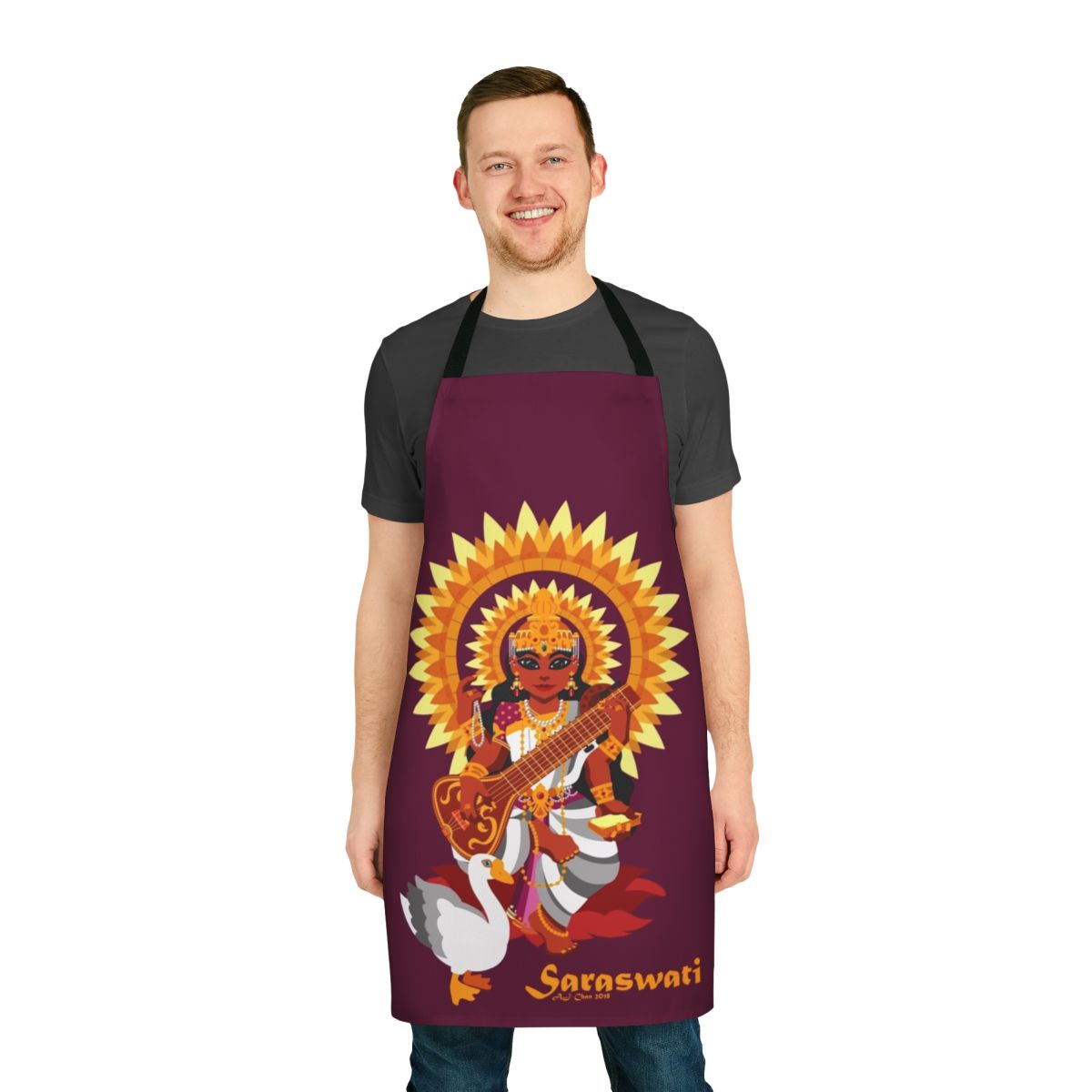 Saraswati-themed apron with a goose design, perfect for the modern Hindu goddess enthusiast