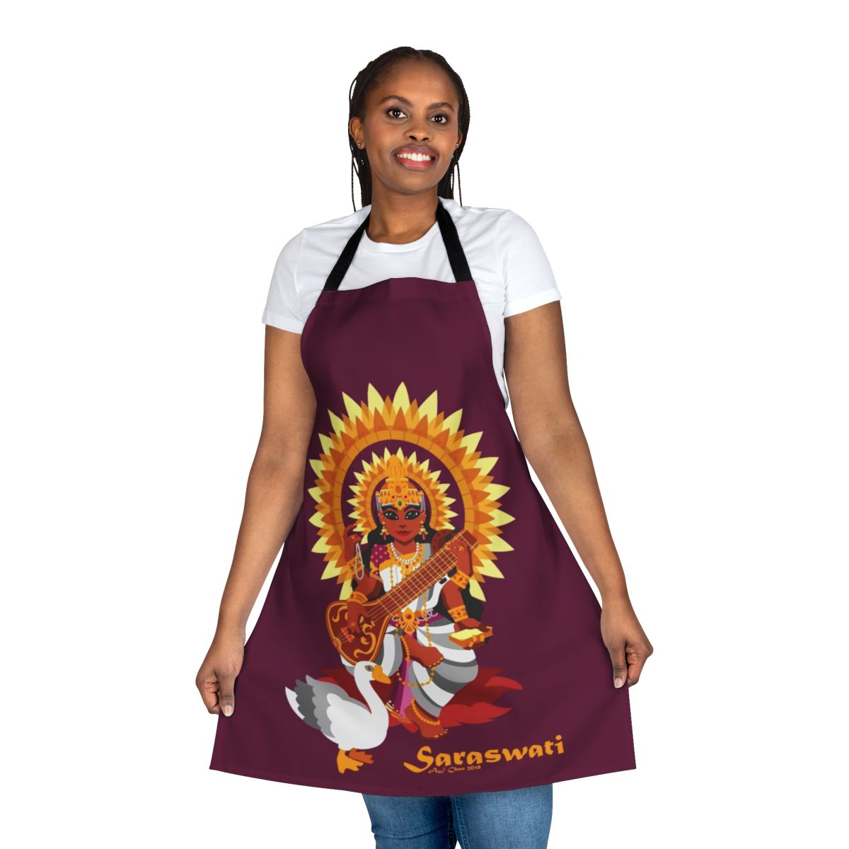 Saraswati-themed apron with a goose design, perfect for the modern Hindu goddess enthusiast