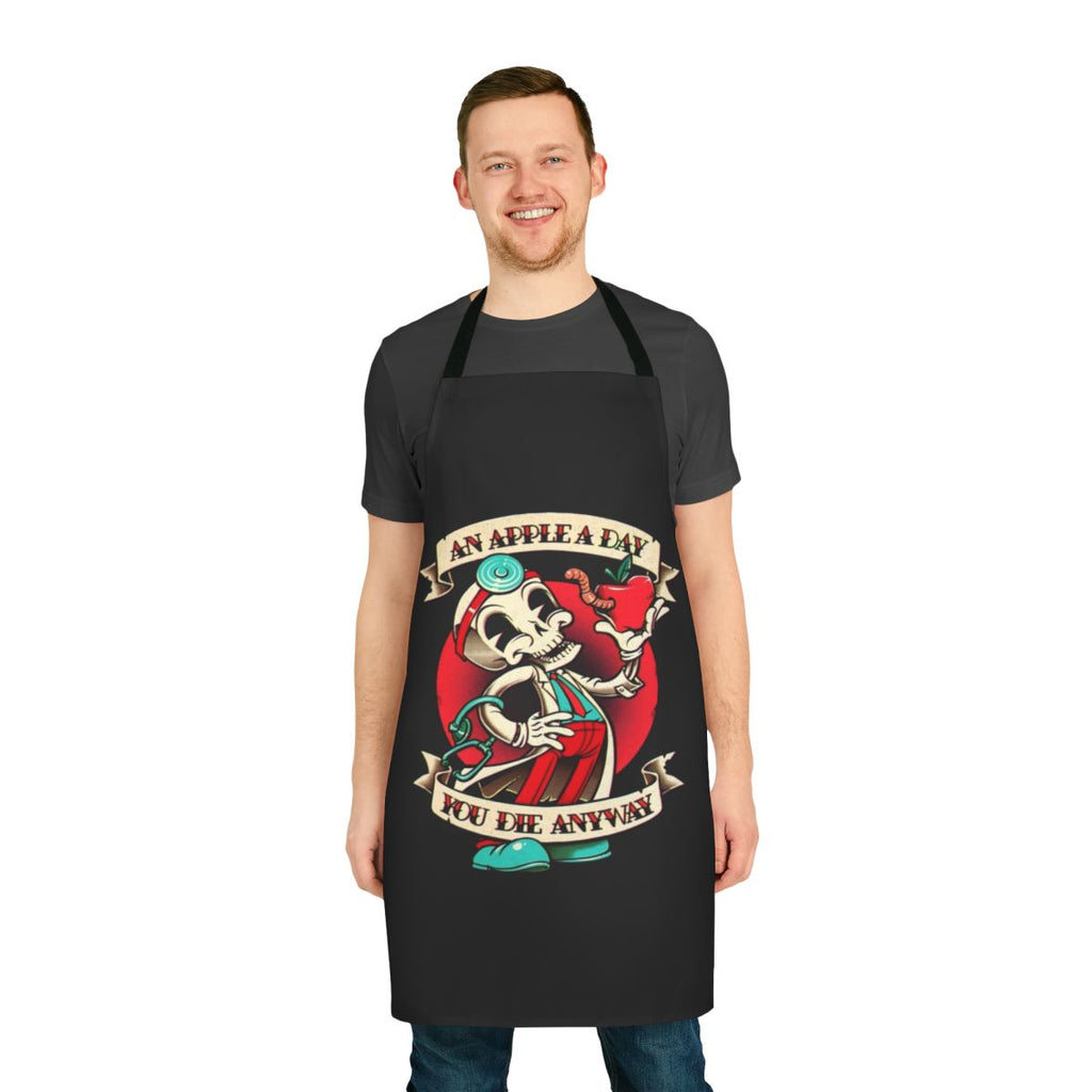 Sarcastic "An Apple a Day You Die Anyway" apron with skull and skeleton design