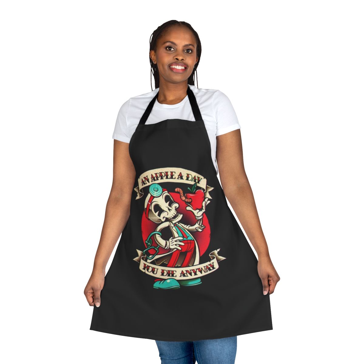 Sarcastic "An Apple a Day You Die Anyway" apron with skull and skeleton design