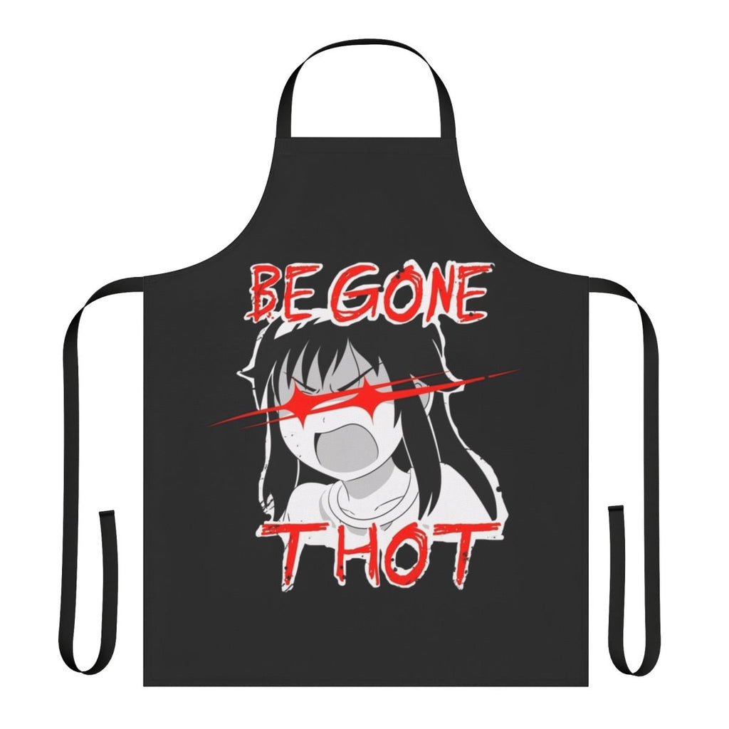 Sarcastic anime-themed apron with the text "Be Gone Thot" and angry red eyes