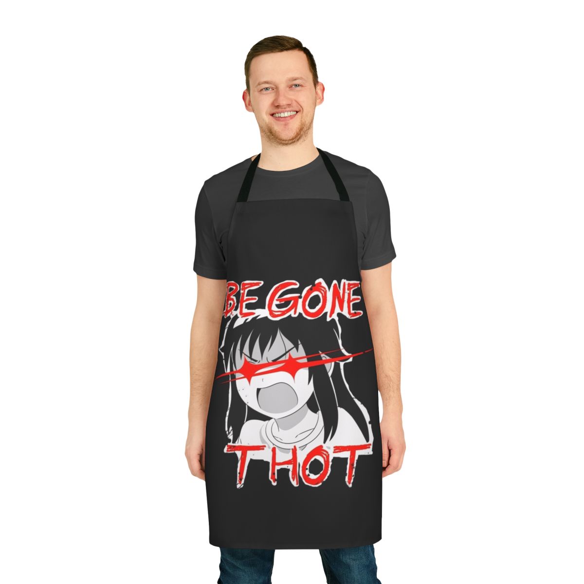 Sarcastic anime-themed apron with the text "Be Gone Thot" and angry red eyes