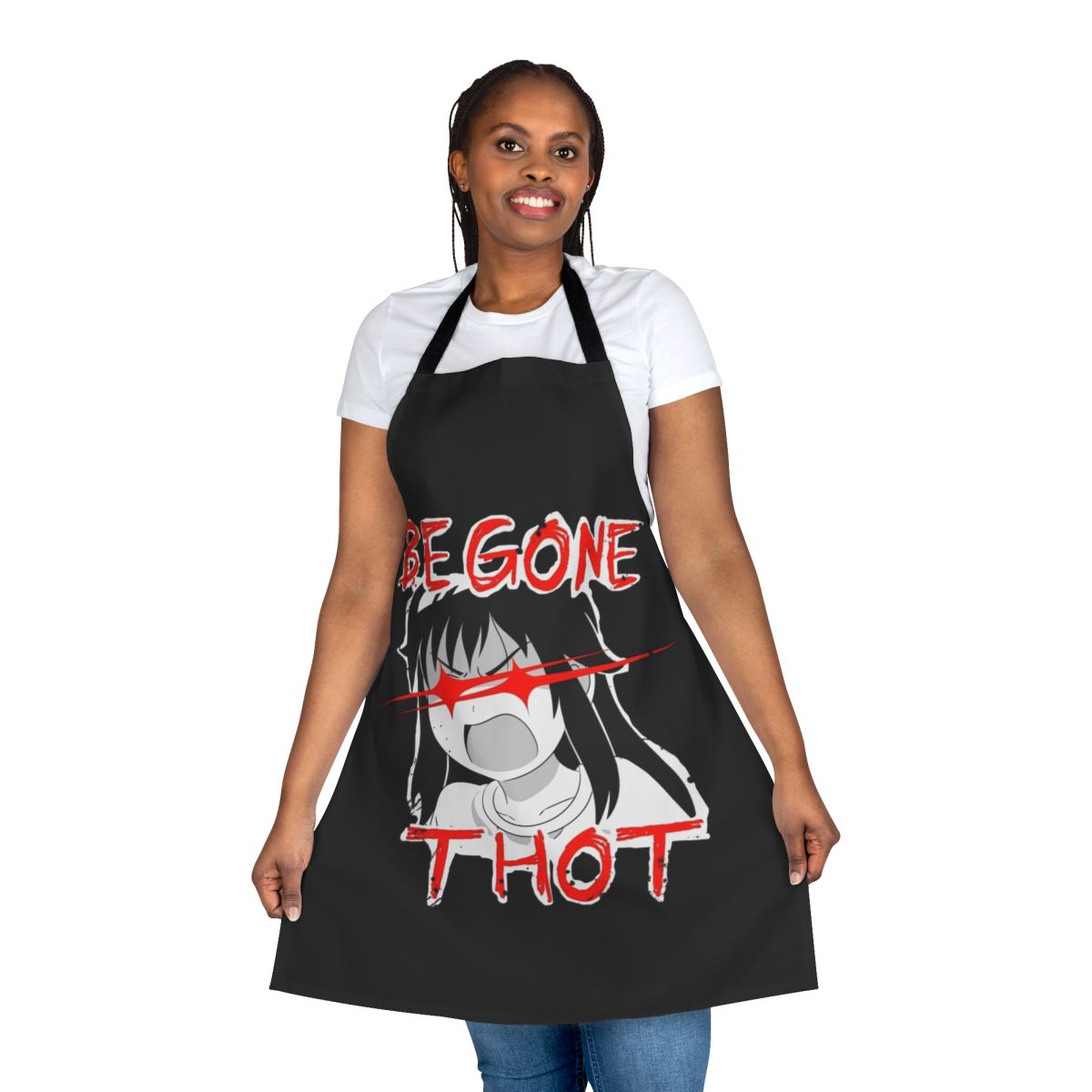 Sarcastic anime-themed apron with the text "Be Gone Thot" and angry red eyes