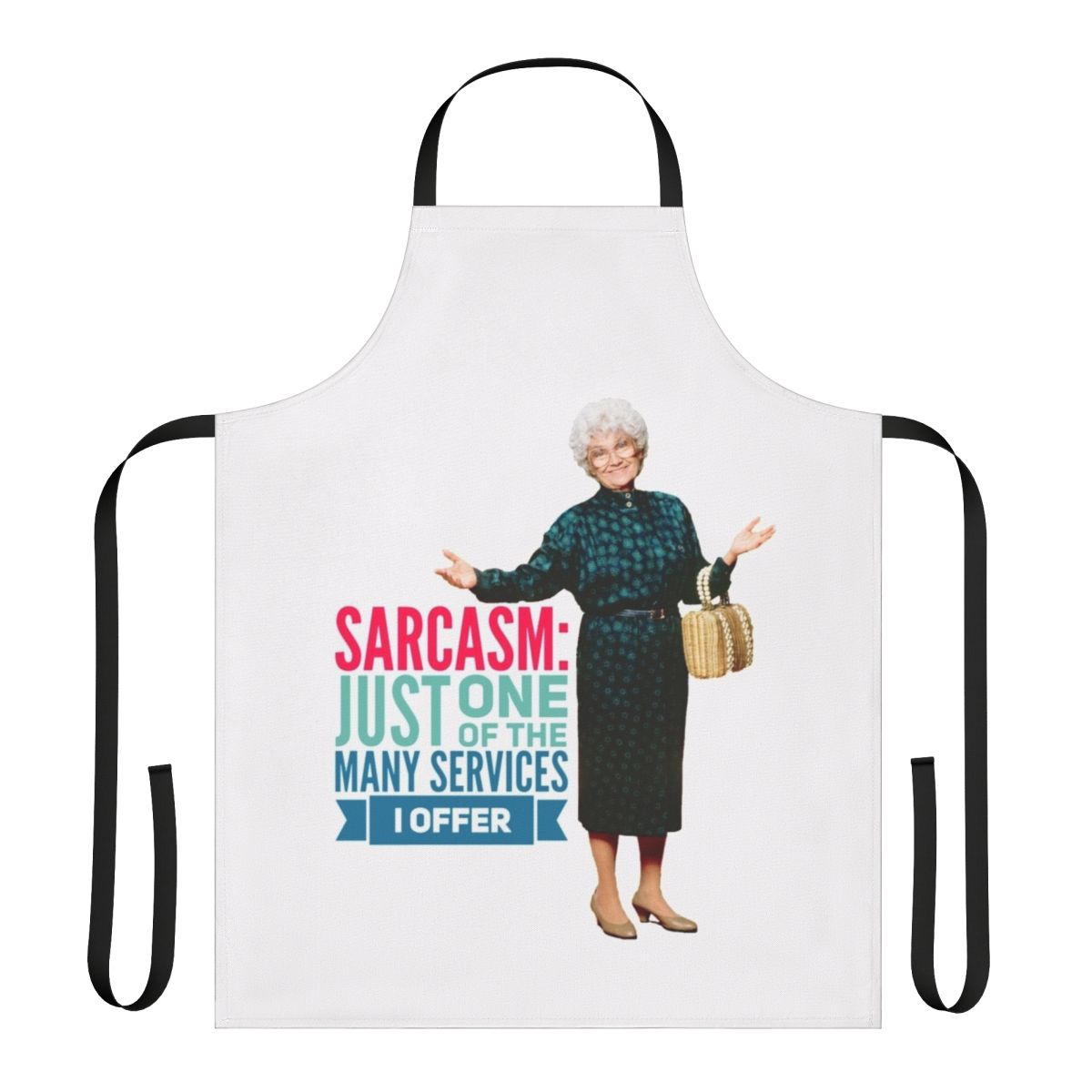 A golden yellow apron with the text "Thank you for being a sarcastic friend" in a vintage style, referencing the popular 80s sitcom "The Golden Girls"