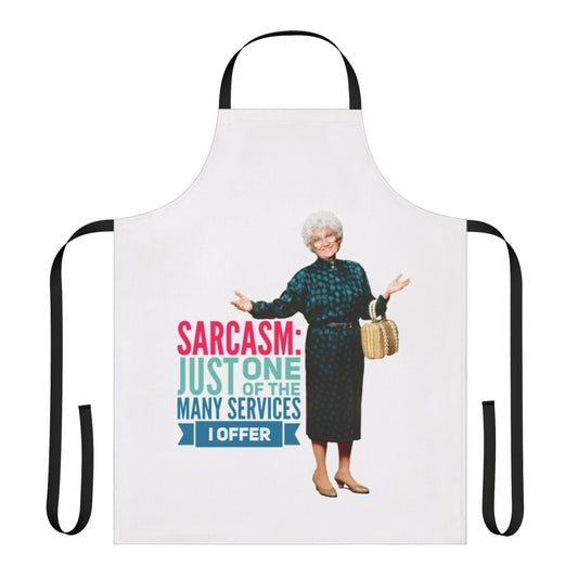 A golden yellow apron with the text "Thank you for being a sarcastic friend" in a vintage style, referencing the popular 80s sitcom "The Golden Girls"