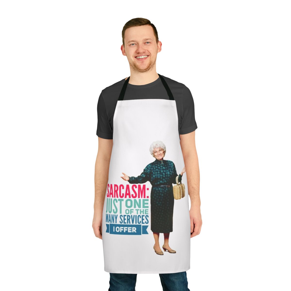 A golden yellow apron with the text "Thank you for being a sarcastic friend" in a vintage style, referencing the popular 80s sitcom "The Golden Girls"