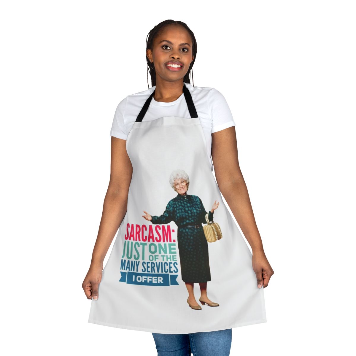 A golden yellow apron with the text "Thank you for being a sarcastic friend" in a vintage style, referencing the popular 80s sitcom "The Golden Girls"